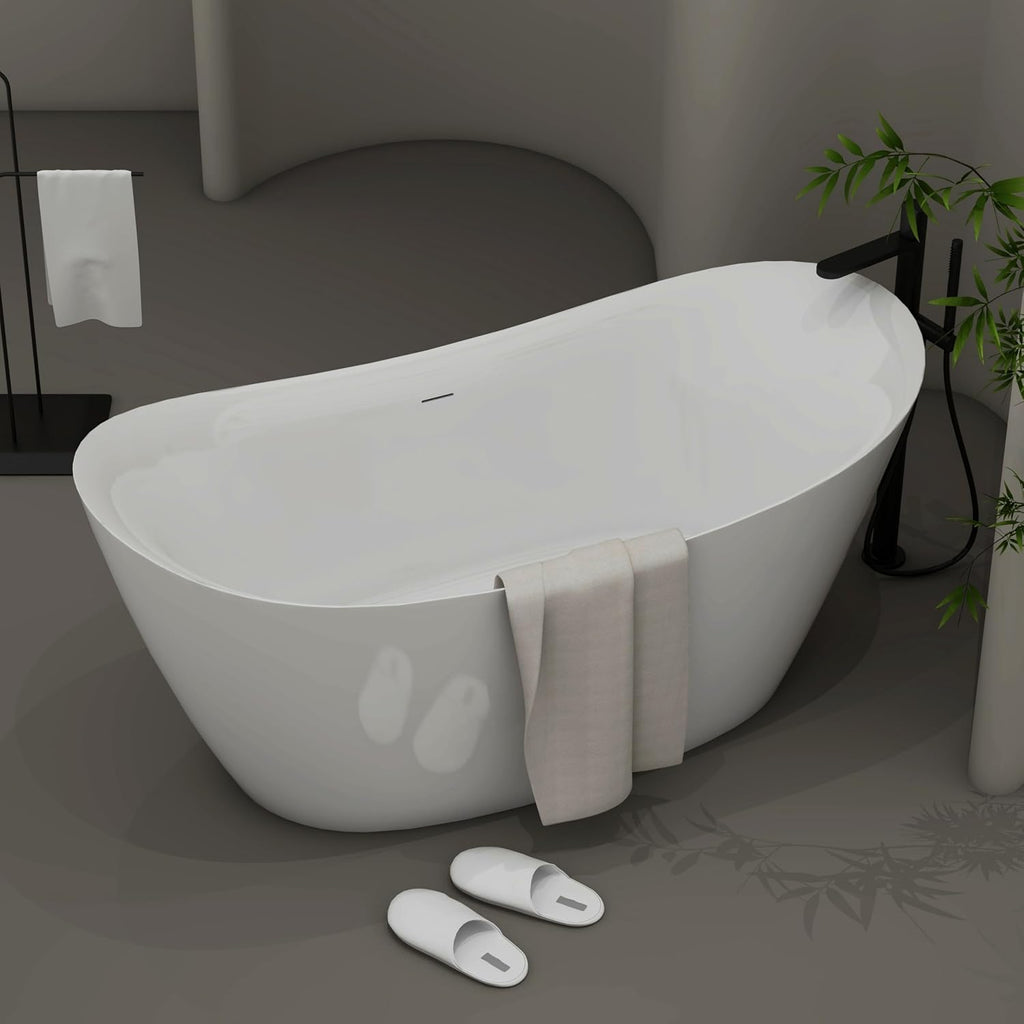 Acrylic Freestanding Contemporary Soaking Tub A19-59 Series 59' Bathtub White Modern Stand Alone Tub with Overflow and Pop-up Drain