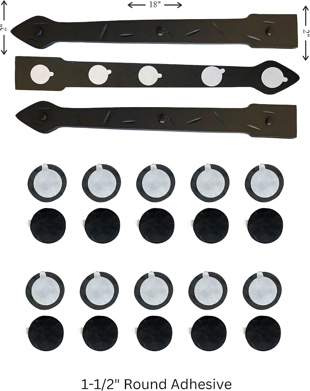 The Rustic Express - Self Adhesive 3 Iron Straps 18' & 20 Round Clavos 1-3/2' - Decorative Hinges & Clavos for Farm, Fiberglass, Metal, Wooden Gate Hinge and Garage Door Hardware - Black