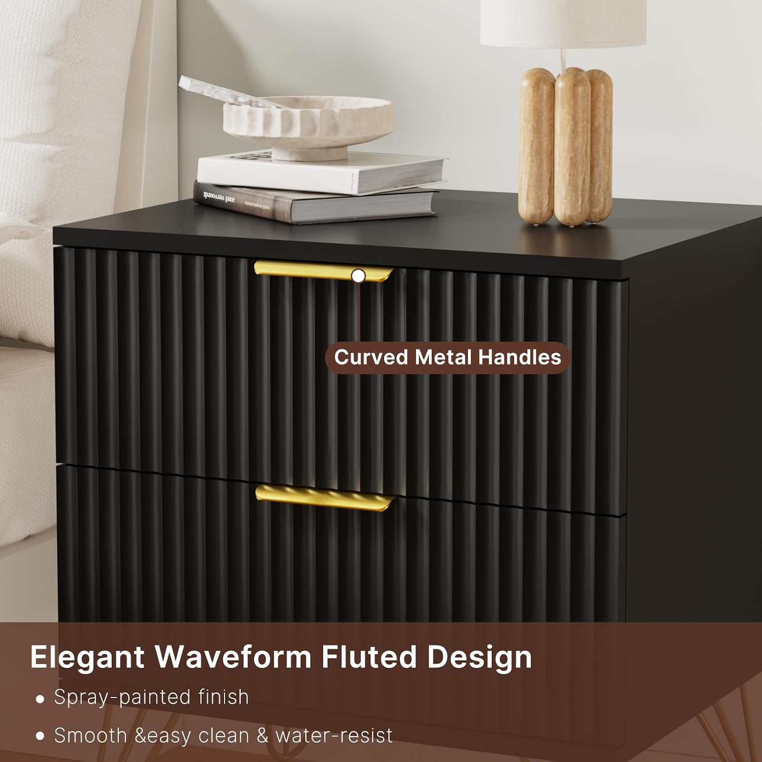 Set of 2 Black Nightstand, Modern Night Stand Bedside Table with 2 Storage Drawer, Bed Side End Table with Golden Handles and Legs for Bedroom, Black