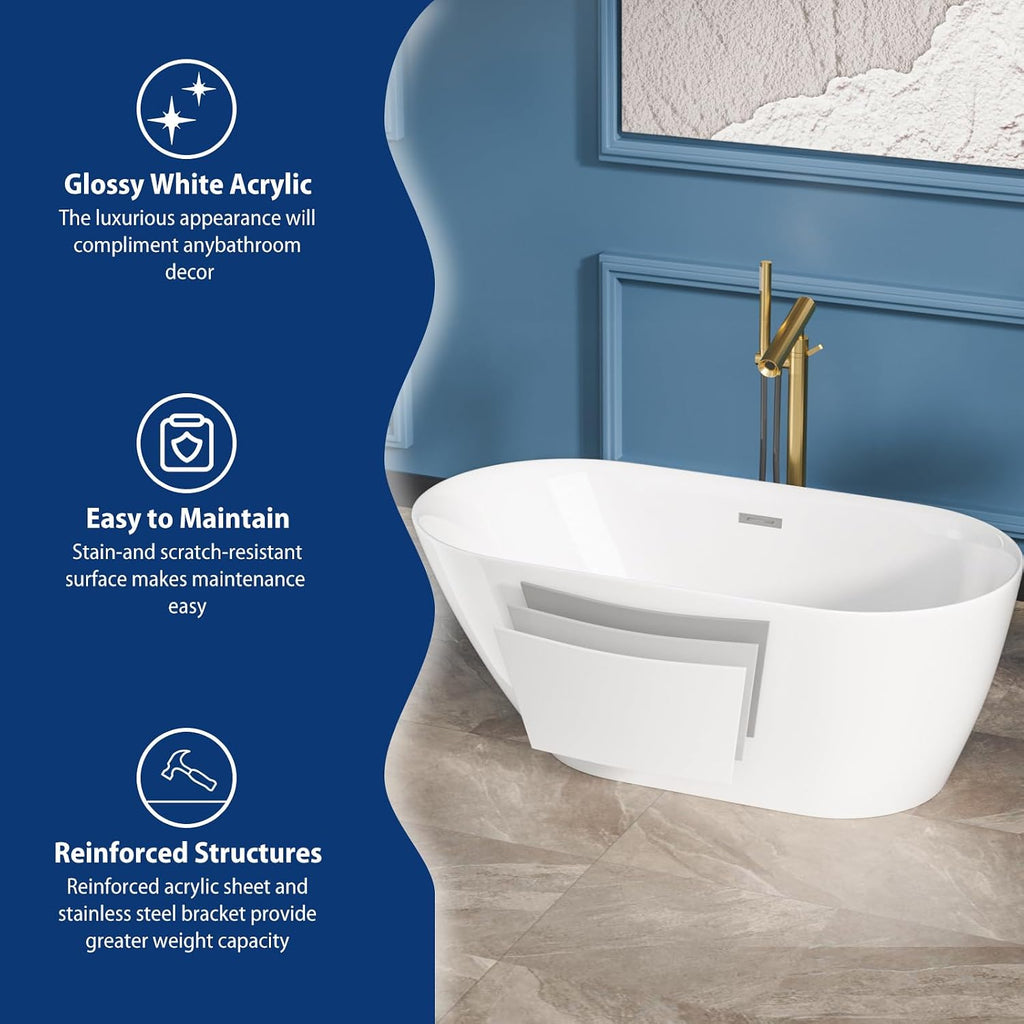 Sarlai 59 Inch Acrylic Freestanding Soaking Bathtub Contemporary Soaking White Tub Stand Alone Ergonomic Bathtub with Chrome Drain and Overflow