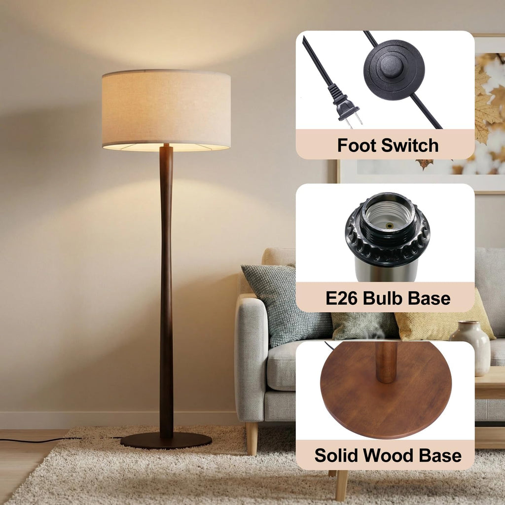 62' Tall Rustic Wood Floor Lamp for Living Room, Farmhouse Walnut Wood Floor Lamps with Linen Shade, UL Listed Standing Lamps with Wooden Base for Bedroom, Corner, Living Room, Office, Beige Shade