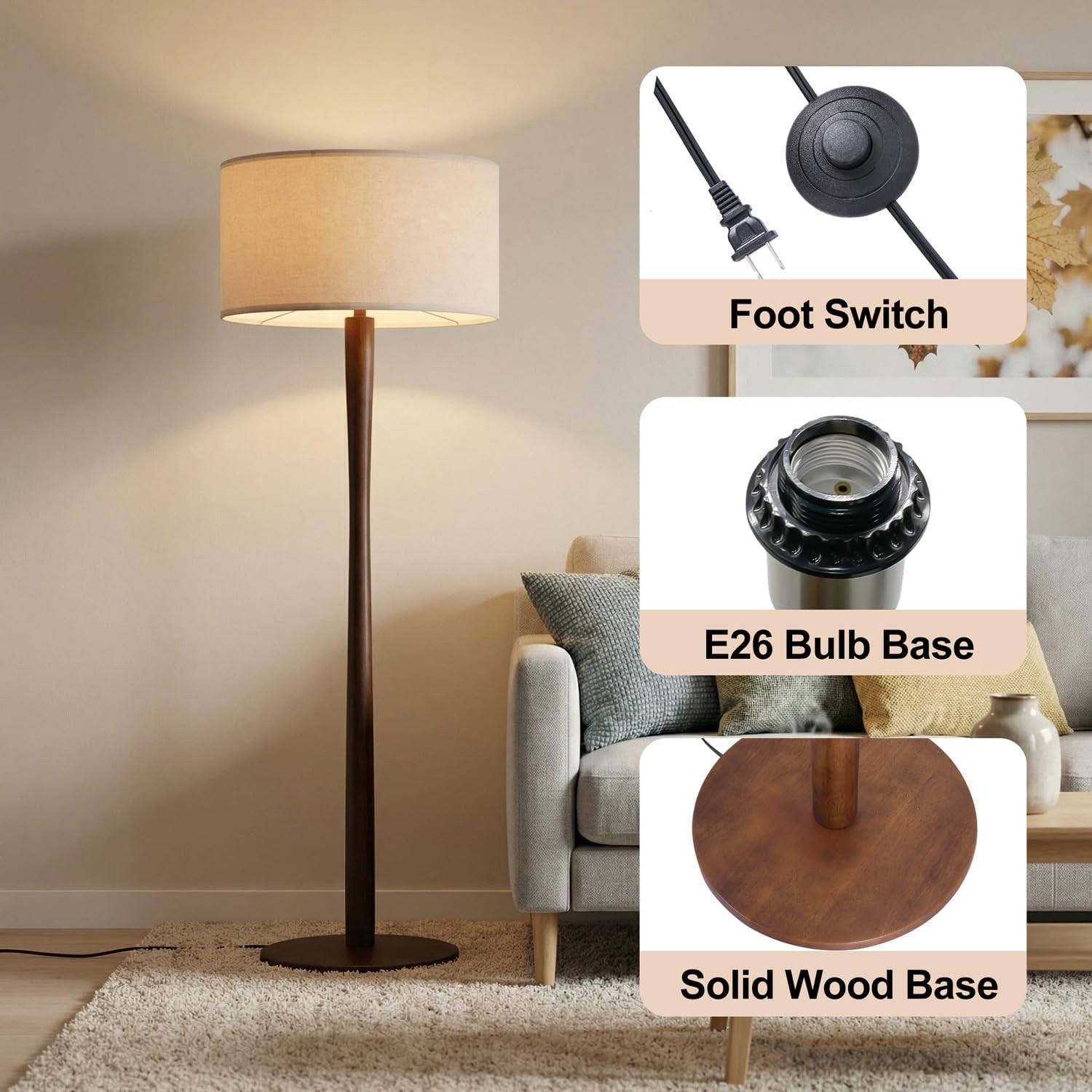 62' Tall Rustic Wood Floor Lamp for Living Room, Farmhouse Walnut Wood Floor Lamps with Linen Shade, UL Listed Standing Lamps with Wooden Base for Bedroom, Corner, Living Room, Office, Beige Shade