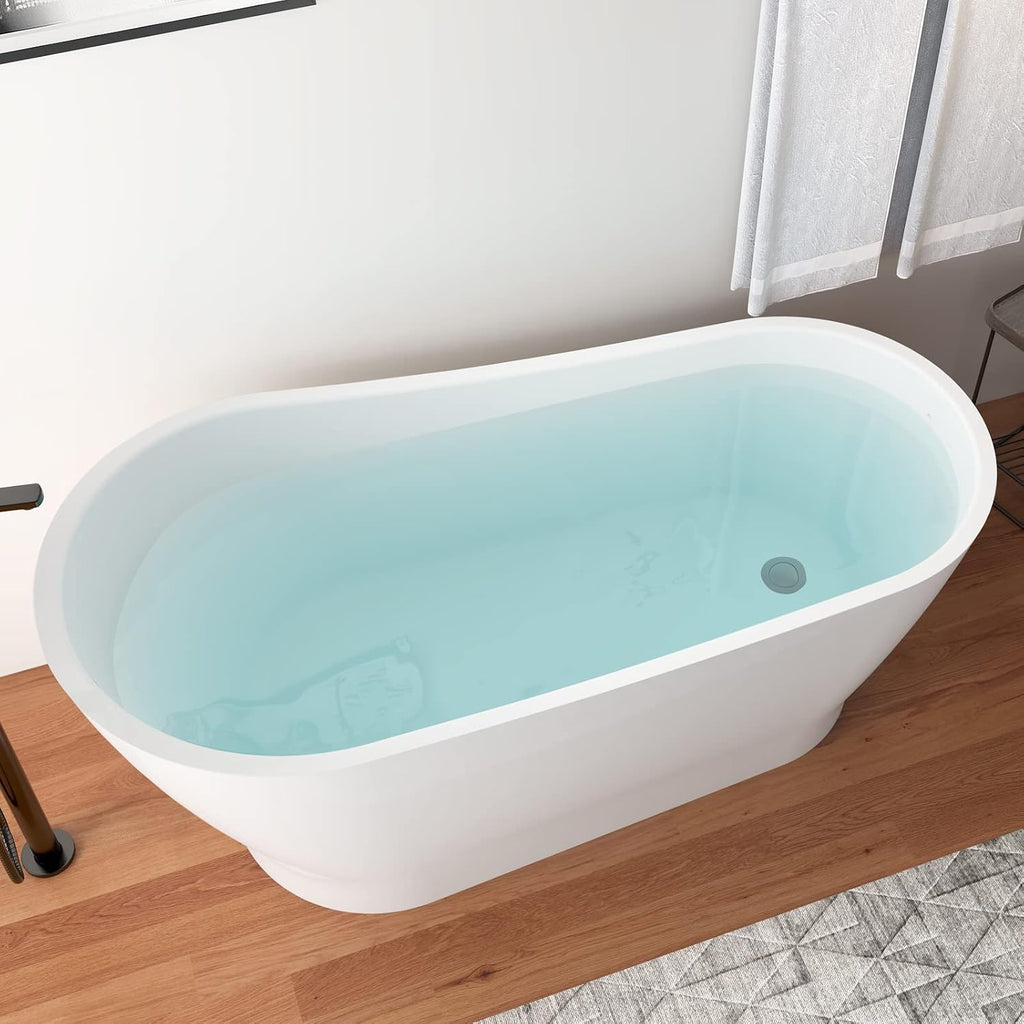59' Acrylic Freestanding Bathtub, Elegant Skirted Free Standing Tub, Soaking Tub with Integrated Slotted Overflow, Toe-Tap Chrome Drain, cUPC Certified, Glossy White