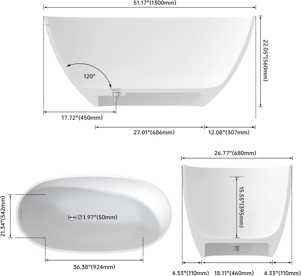 51' Modern Solid Surface Freestanding Bathtub,Oval Shape Stone Resin Soaking Tubs with Pop-up Drain and Overflow, Matte White