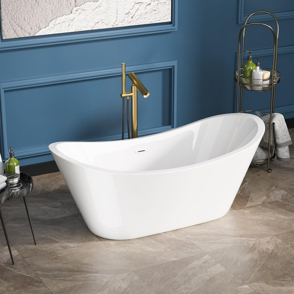 Sarlai 67 Inch Acrylic Freestanding Soaking Bathtub Contemporary Soaking White Tub Stand Alone Ergonomic Bathtub with Chrome Drain and Overflow