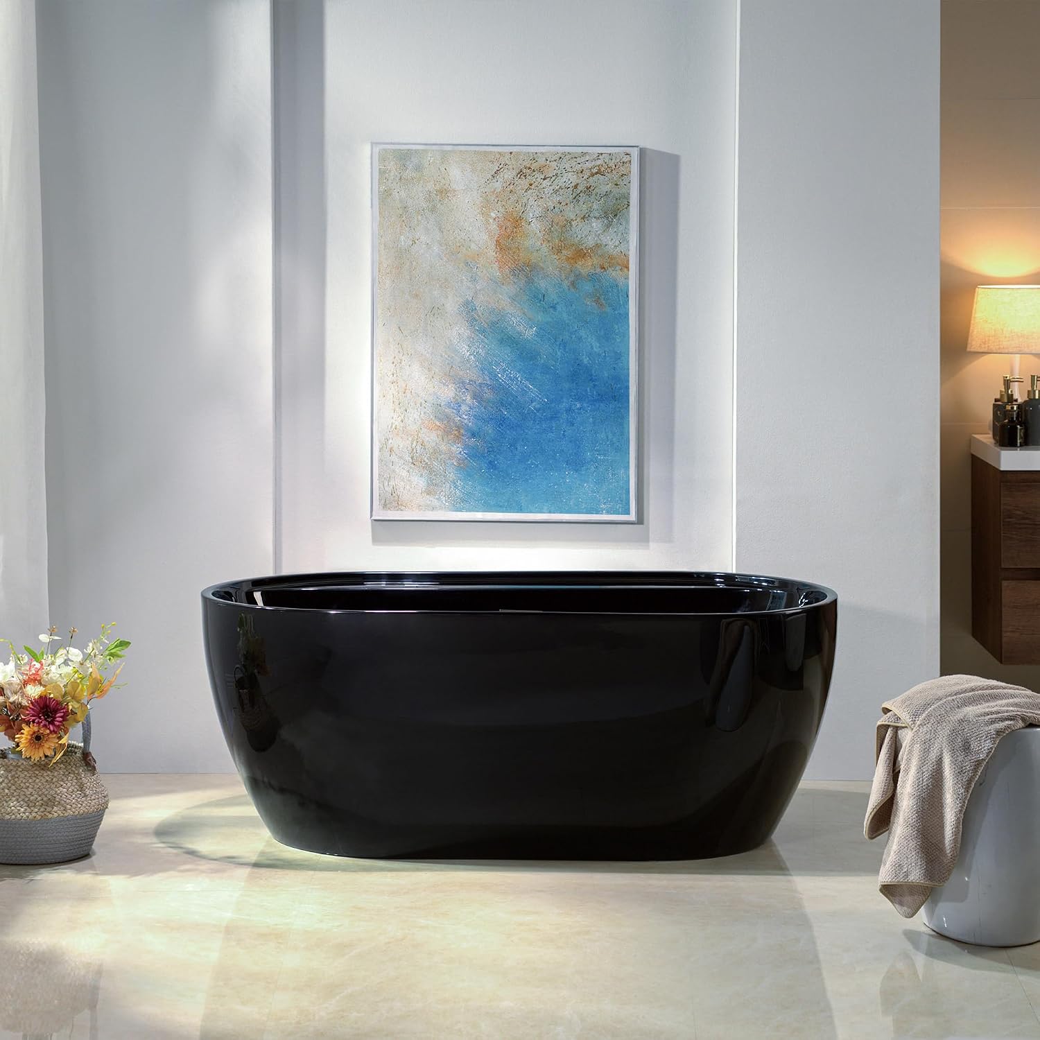 WOODBRIDGE 59' L x 31-1/2' W Freestanding Contemporary Acrylic Soaking Bathtub in Glossy Black Inside and Outside with Brushed Nickel Drain & Overflow,B8864-BN