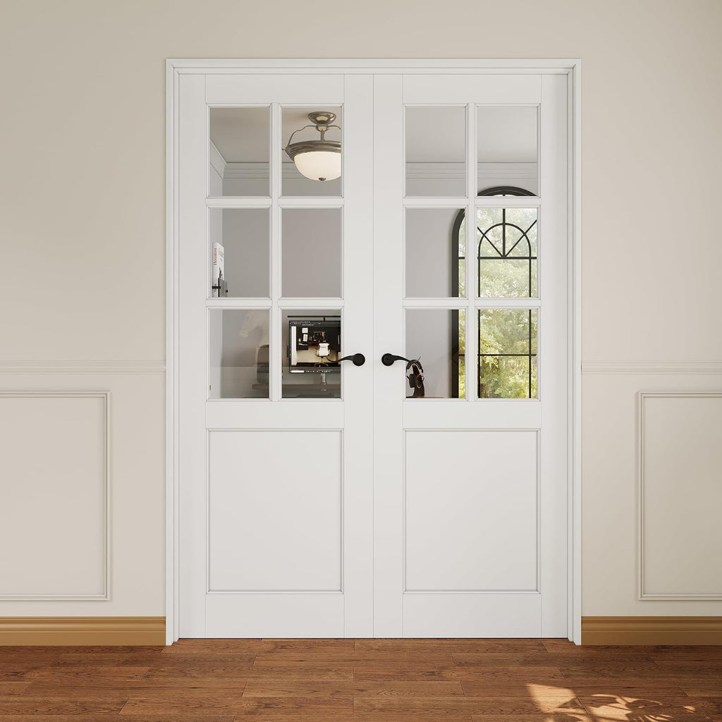 French Door 56' x 80' (Double 28' x 80') 6-Lite Clear Glass Door Slabs with Pre-Hung Jamb, Black Hinges, Levers and Latch, White Primed, French Interior Doors with Frame, Swing Double Bedroom Doors