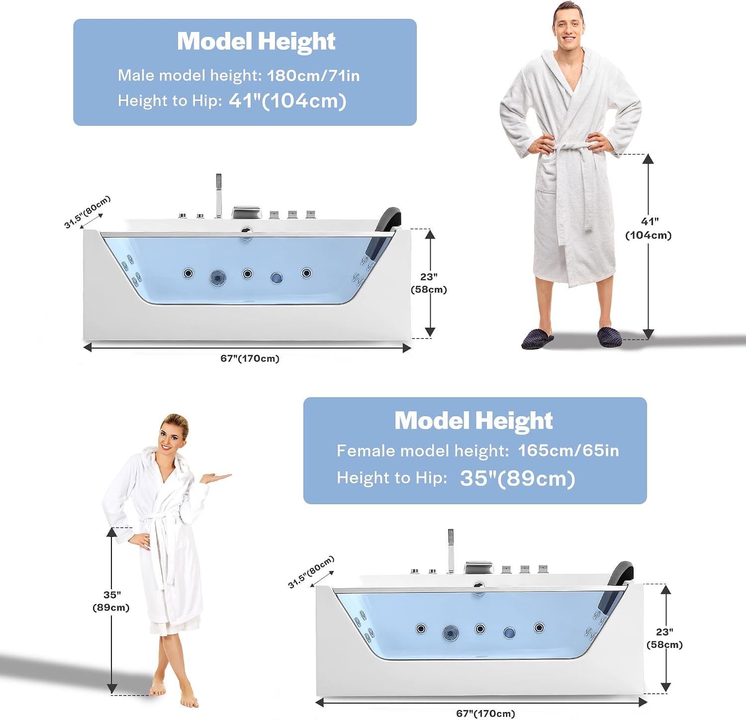 67' Whirlpool Hydro Massage Tub with Chromatherapy, Hydrotherapy Jetted Bathtub with Glass Panel, Acrylic Spa Tub with Center Drain, White