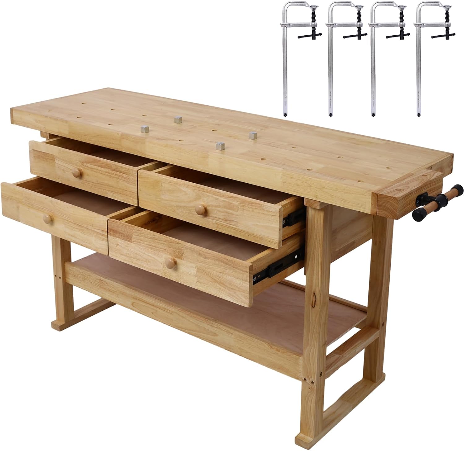 60in Workbench with 4 Drawers Wooden Workbench for Garage Workshop and Home, with Bar Clamps (4, Set 12' x 3' Throat)