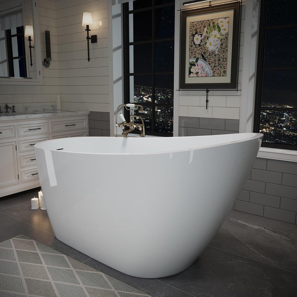 55' Acrylic Soaking Tub with Pop-up Drain & Integrated Overflow, Freestanding Bathtub with Double-Wall Insulation, Stand Alone Tub, Ergonomic, Easy Install (55')