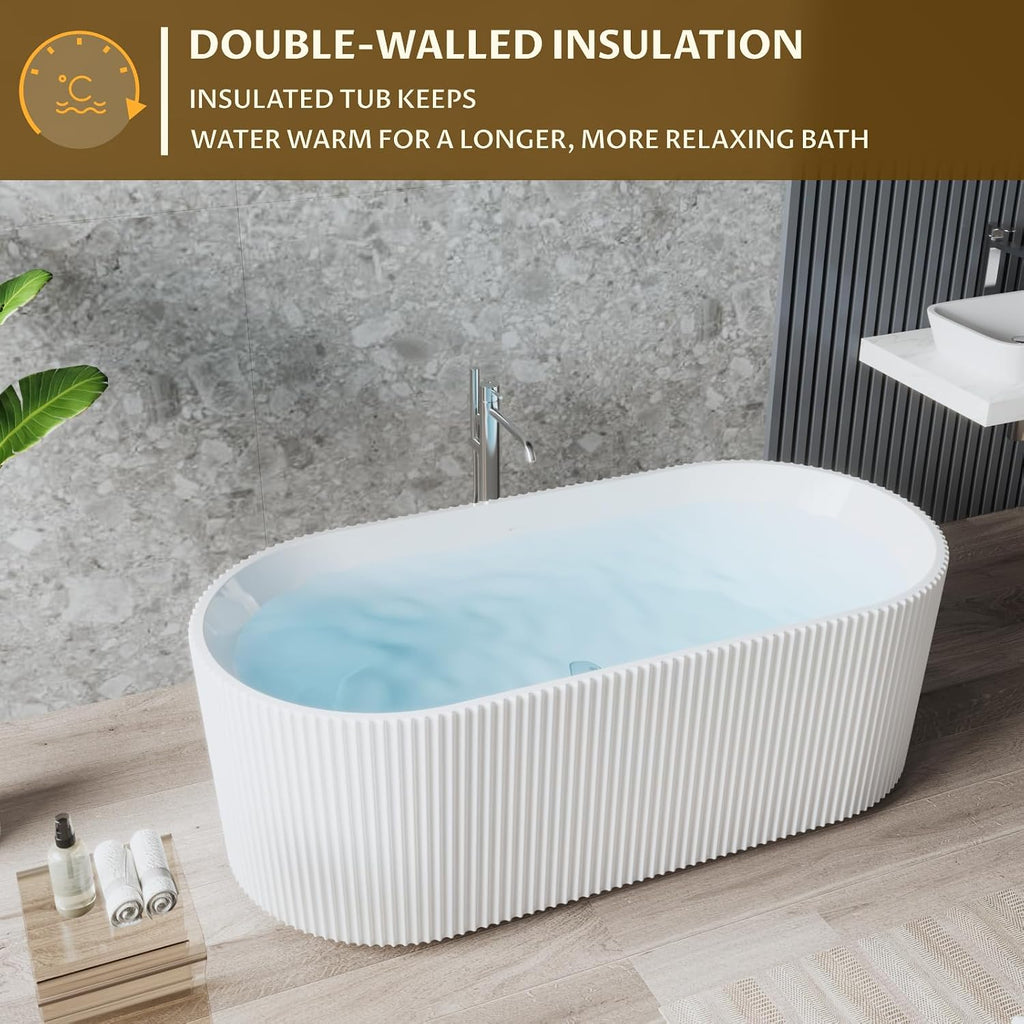 59' Modern Freestanding Bathtub,V Shape Freestanding Soaking Acrylic Bathtub,Unique Design Pleated Tub with Chrome Drain and Classic Slotted Overflow,Cupc Certified,Gloss White