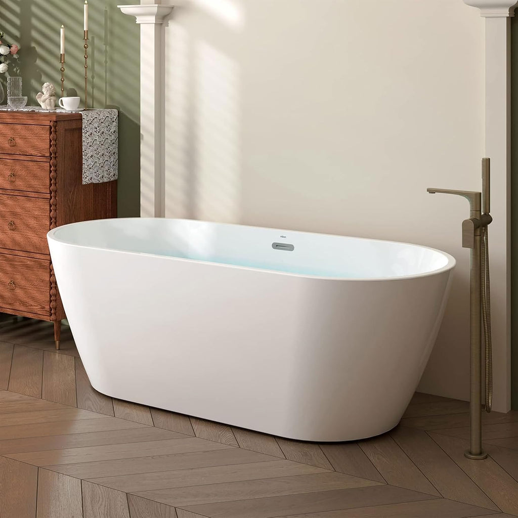 FerdY Bali 67' Acrylic Freestanding Bathtub, Gracefully Shaped Freestanding Soaking Bathtub, Toe-Tap Chrome Drain and Classic Slotted Overflow Included, Glossy White, cUPC Certified,