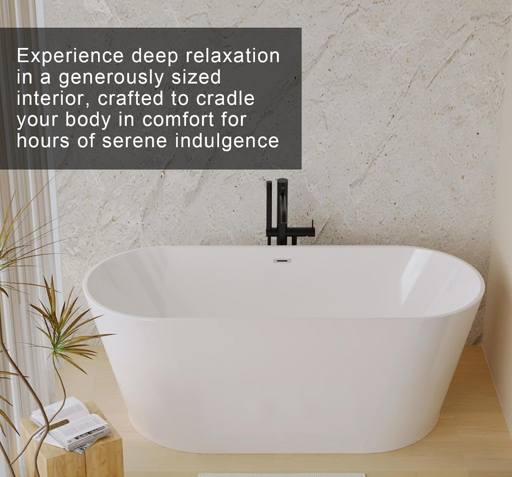 59' Acrylic Freestanding Bathtub, Stand Alone Soaking Tub, Glossy White Acrylic, Toe-tap Chrome Drain, cUPC Certified