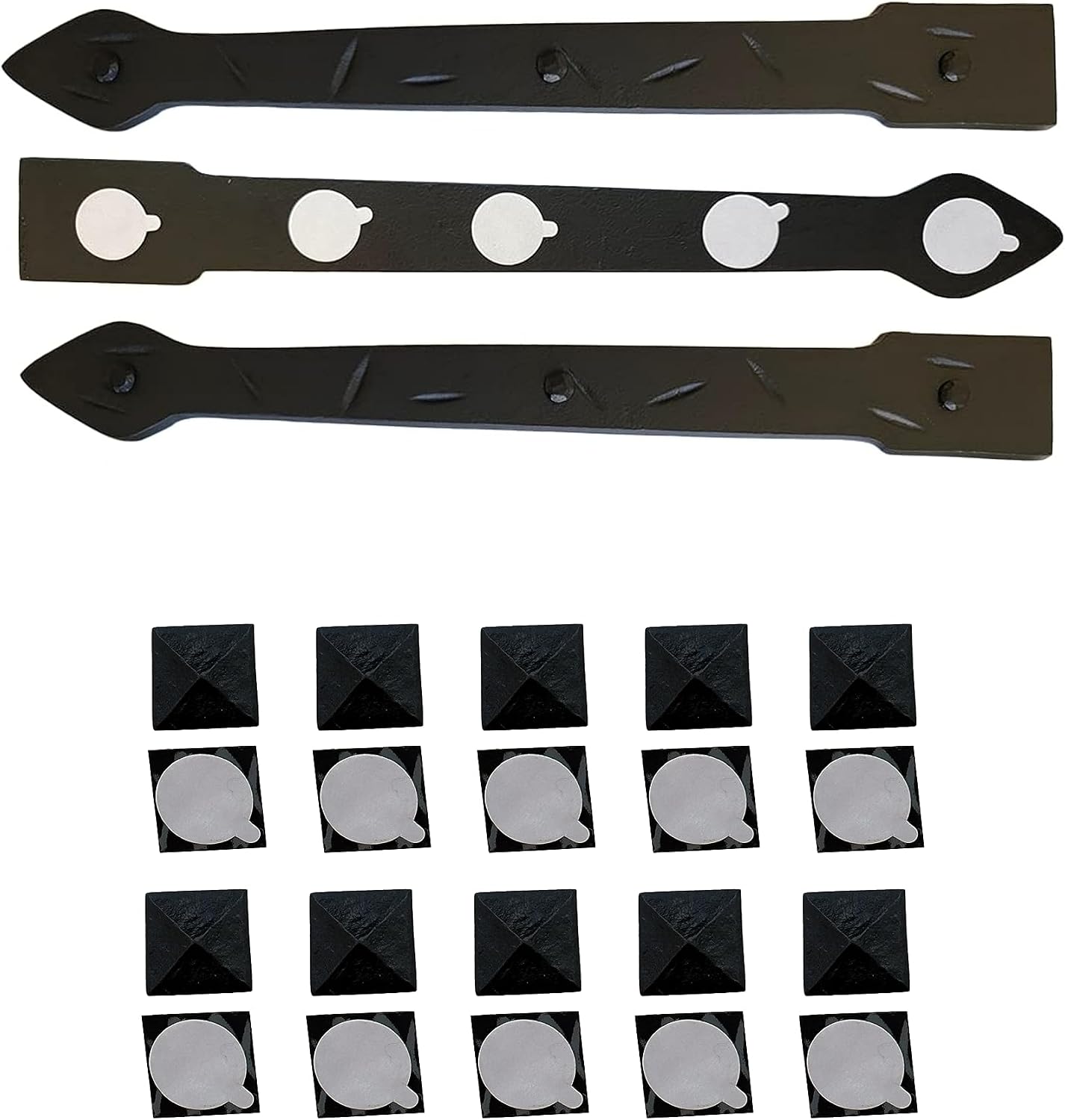 The Rustic Express - Self Adhesive 3 Iron Straps 18' & 20 Square Pyramid Clavos 1' - Decorative Hinges & Clavos for Farm, Fiberglass, Metal, Wooden Gate Hinge and Garage Door Hardware - Black