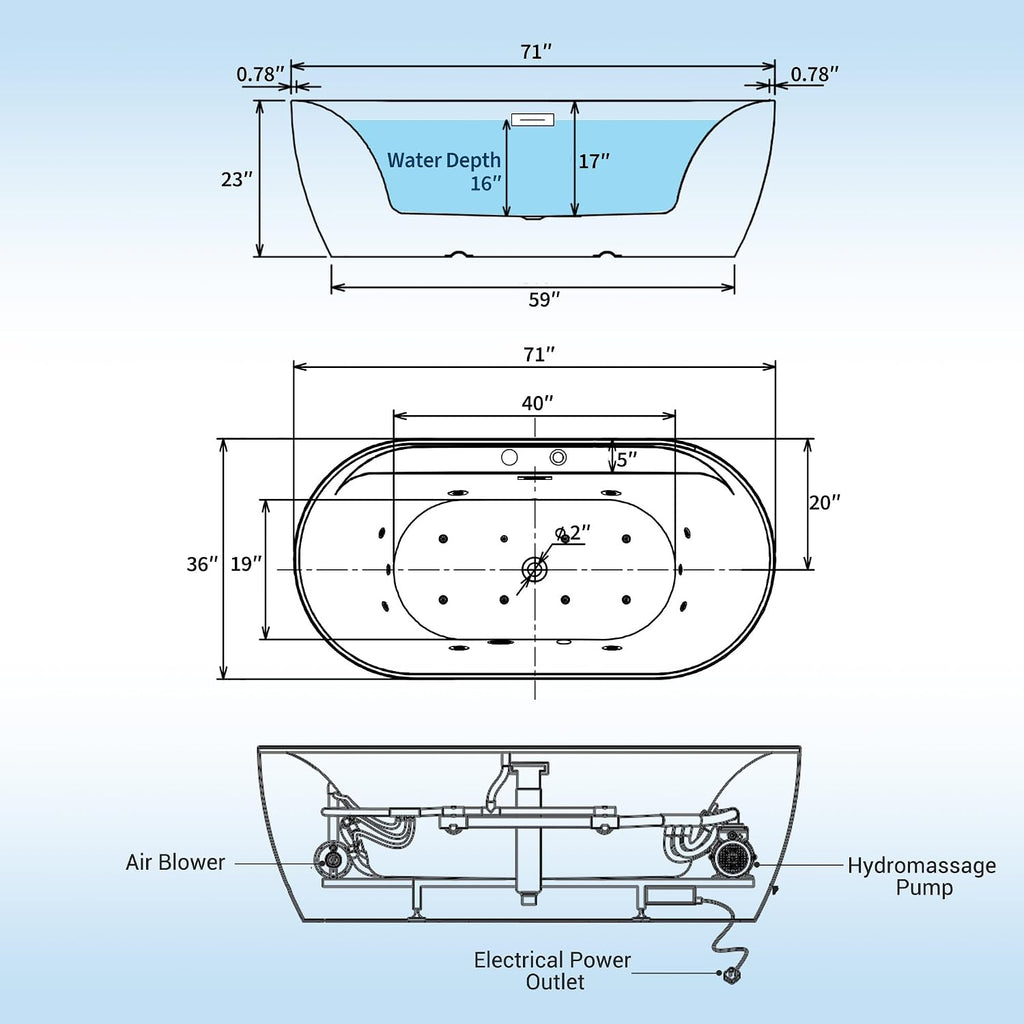 GarveeHome 72 in x 35-3/8 in Air Bath Heated Soaking Combination Tub with Adjustable Speed Air Blower and Display Control Panel, LED Light, White