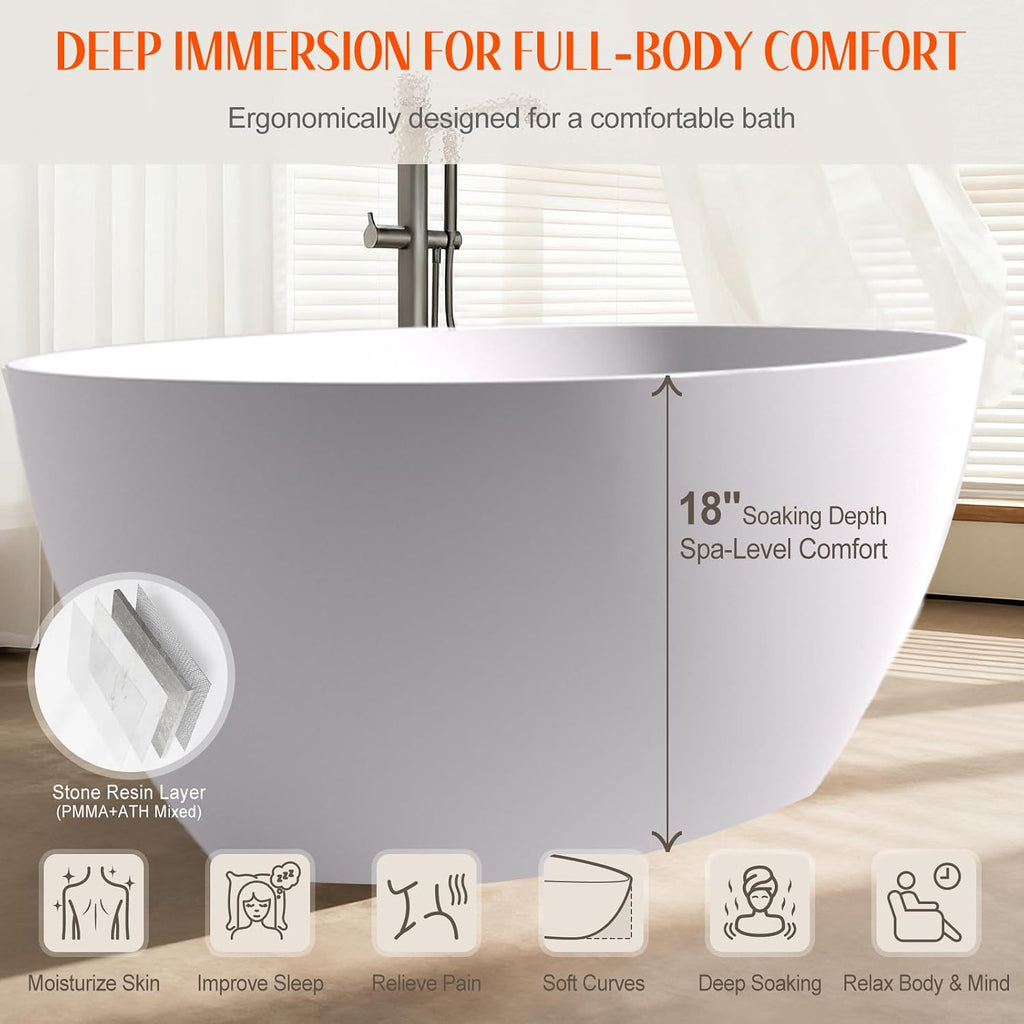 Stone Resin Freestanding Bathtubs,67'Solid Surface Matte White Oval Upgrade 25mm ultra-thick edges Luxury Stand Alone Bathroom Bath Soaking Tub with Pop up Drain & Integrated Slotted Overflow
