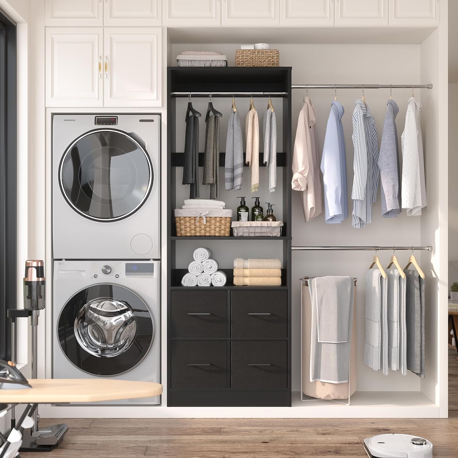 8FT Closet System, 96 Inch Closet Organizer System with 4 Fabric drawers, Heavy Duty Clothing Rack with Hanging Rods, Walk In Mounted Closet System, Built-In Clothes Garment Rack, Black