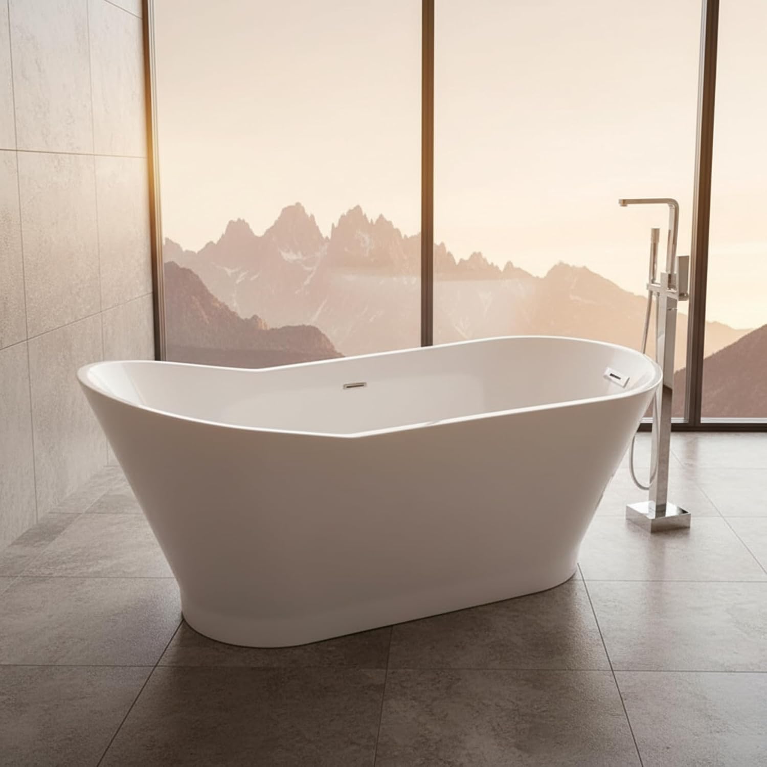 Melun 67' Freestanding Acrylic Bathtub with Chrome Drain, Glossy White Seamless Soaking Tub, Fiberglass Reinforced with Leveling Legs, 52 Gal Capacity