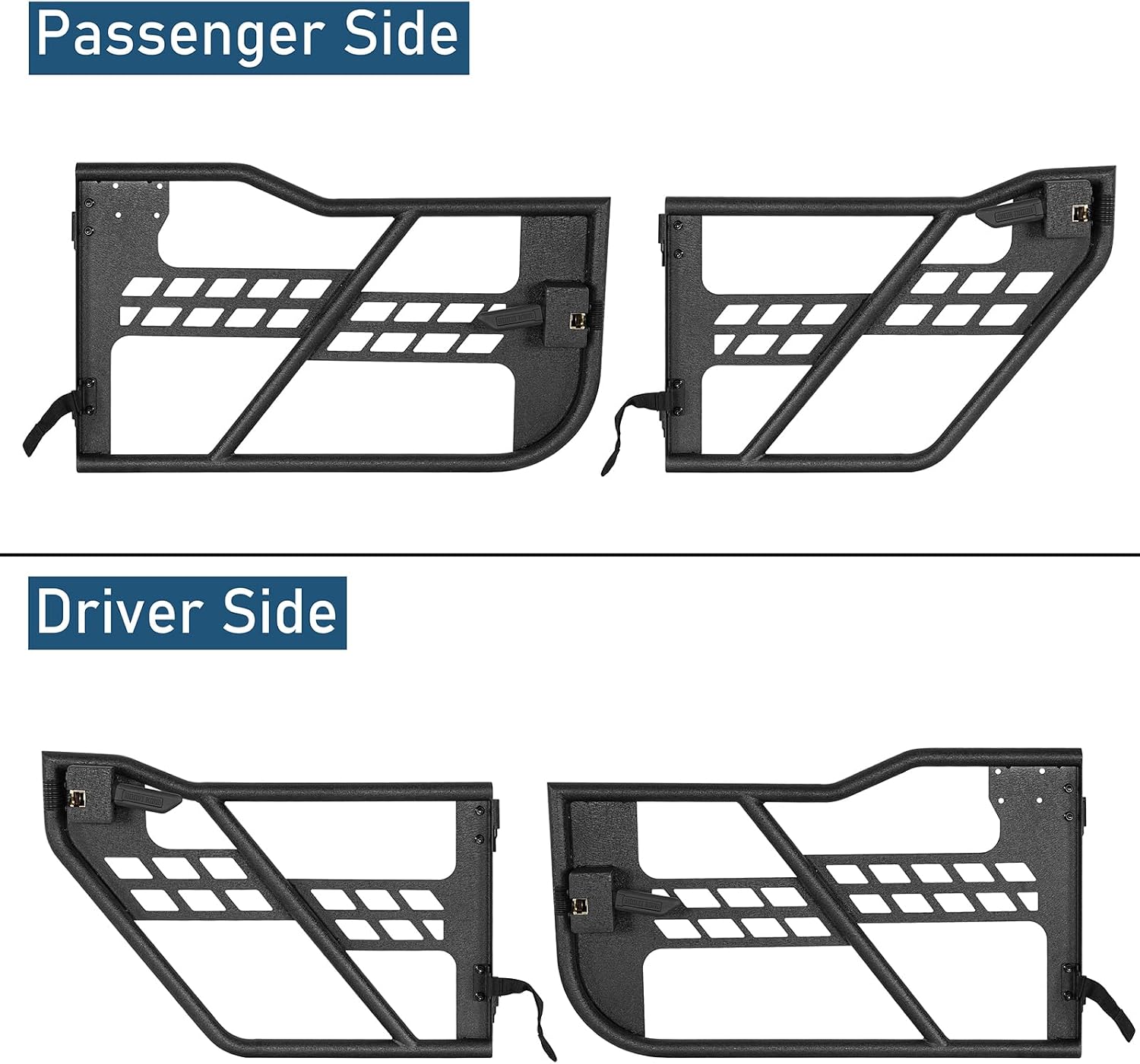 Hooke Road Wrangler/Gladiator Off-Road Front & Rear Tubular Half Door Guards for 2018-2025 Jeep Wrangler JL Unlimited & Gladiator JT, Open-Air Driving Feel, Secure Steel Latch Design