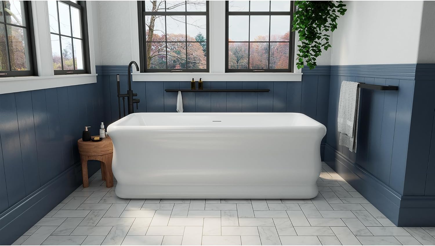 Crest 59 in. L x 31-1/2 in. W x 23-5/8 in. H Freestanding Acrylic Bathtub, White Drain