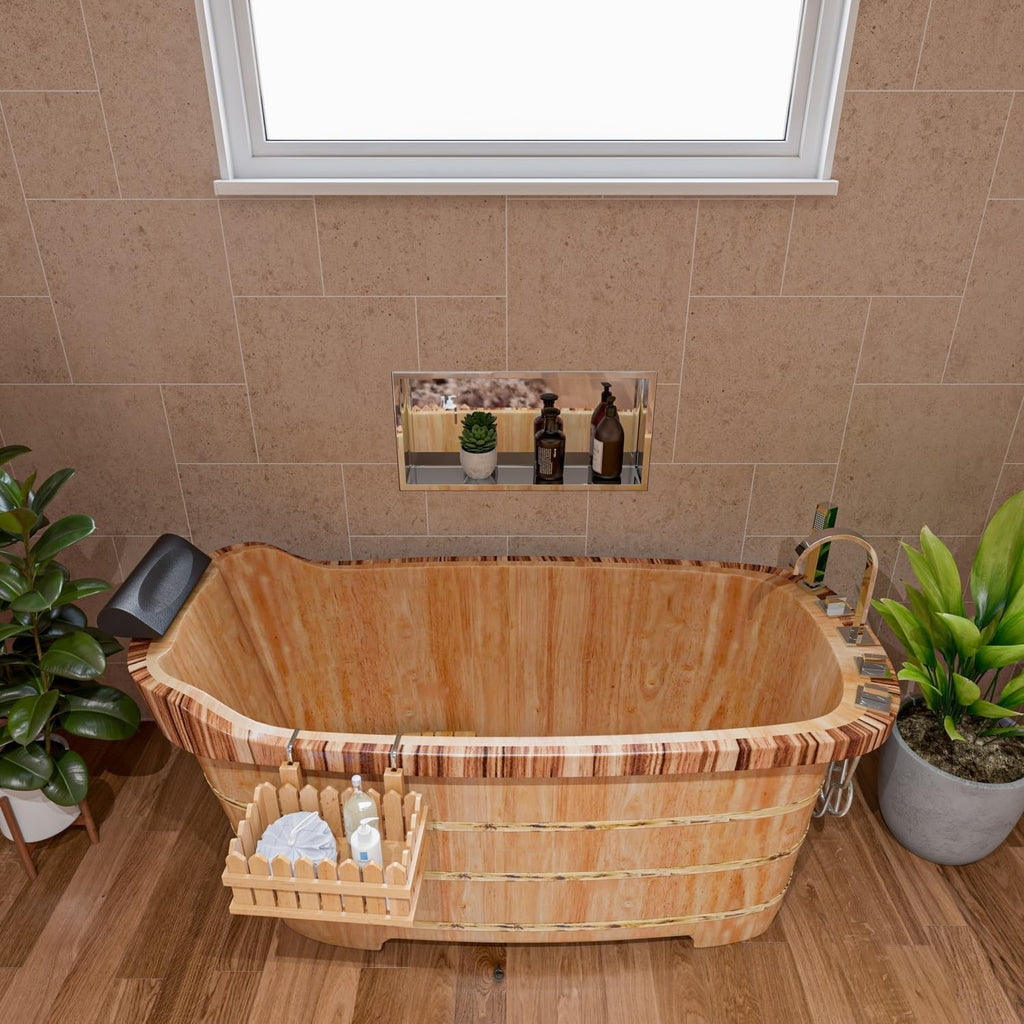 HomeStock Wooden Bathtub 59 Inch Freestanding Soaking Tub with Tub Filler