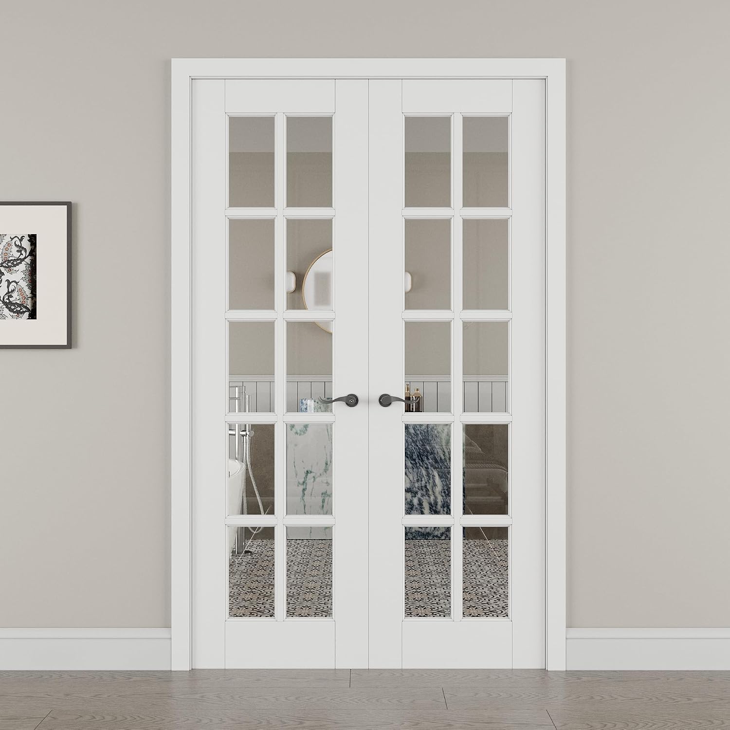 56' x 80' French Doors Interior (Double 28' x 80' 10-Lite Clear Glass Door with Black Hinge Prehung Jamb Kit), Pre-Finished & Paintable, Prebuilt Home Door Panels & Assembly Required Jamb