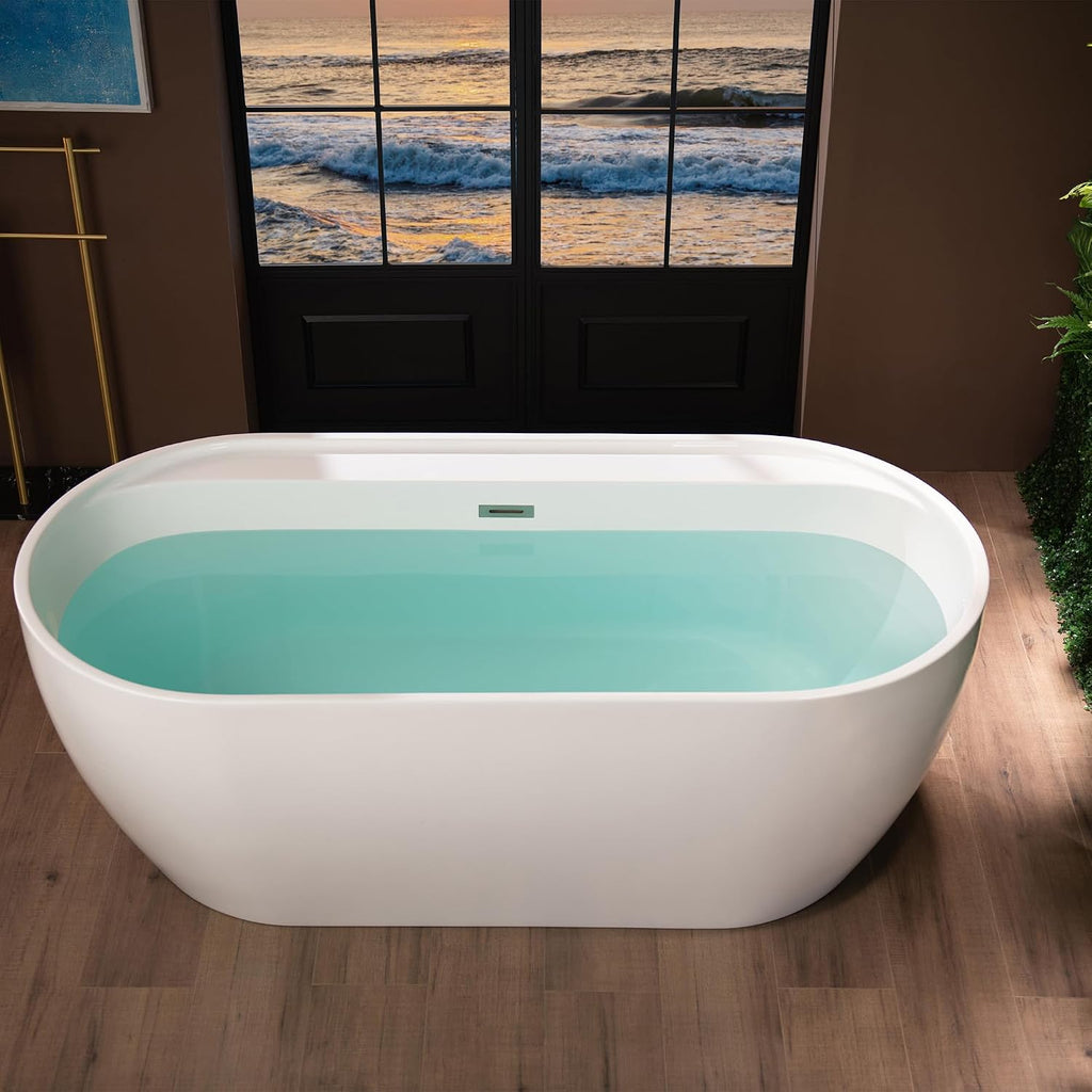 WOODBRIDGE 67' Acrylic Freestanding Bathtub Contemporary Soaking White Tub with Brushed Nickel Overflow and Drain,B0063-B/N