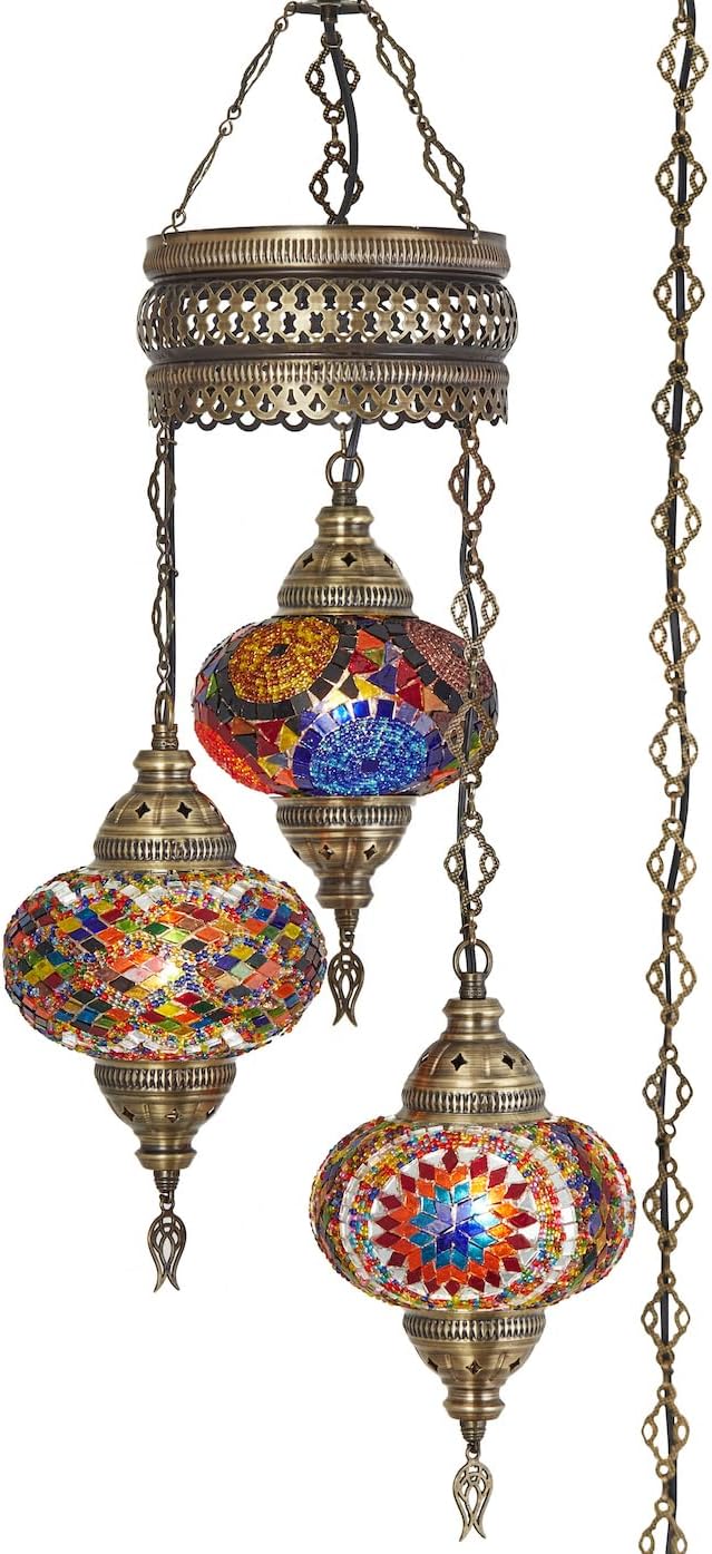 DEMMEX Plug-in Turkish Hanging Lamp, Handmade Moroccan Mosaic Chandelier Pendant Light Fixture with 15-ft Cord & Chain, Decorative Ceiling Lamp for Living Room, Bedroom, 3 Large 7'' Globes, 3.5 ft.