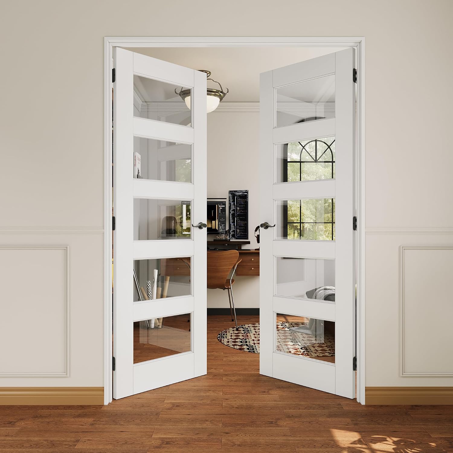 French Door 56' x 80' (Double 28' x 80') 5-Lite Clear Glass Door Slabs with Pre-Hung Jamb, Black Hinges, Levers and Latch, White Primed, French Interior Doors with Frame, Swing Double Bedroom Doors