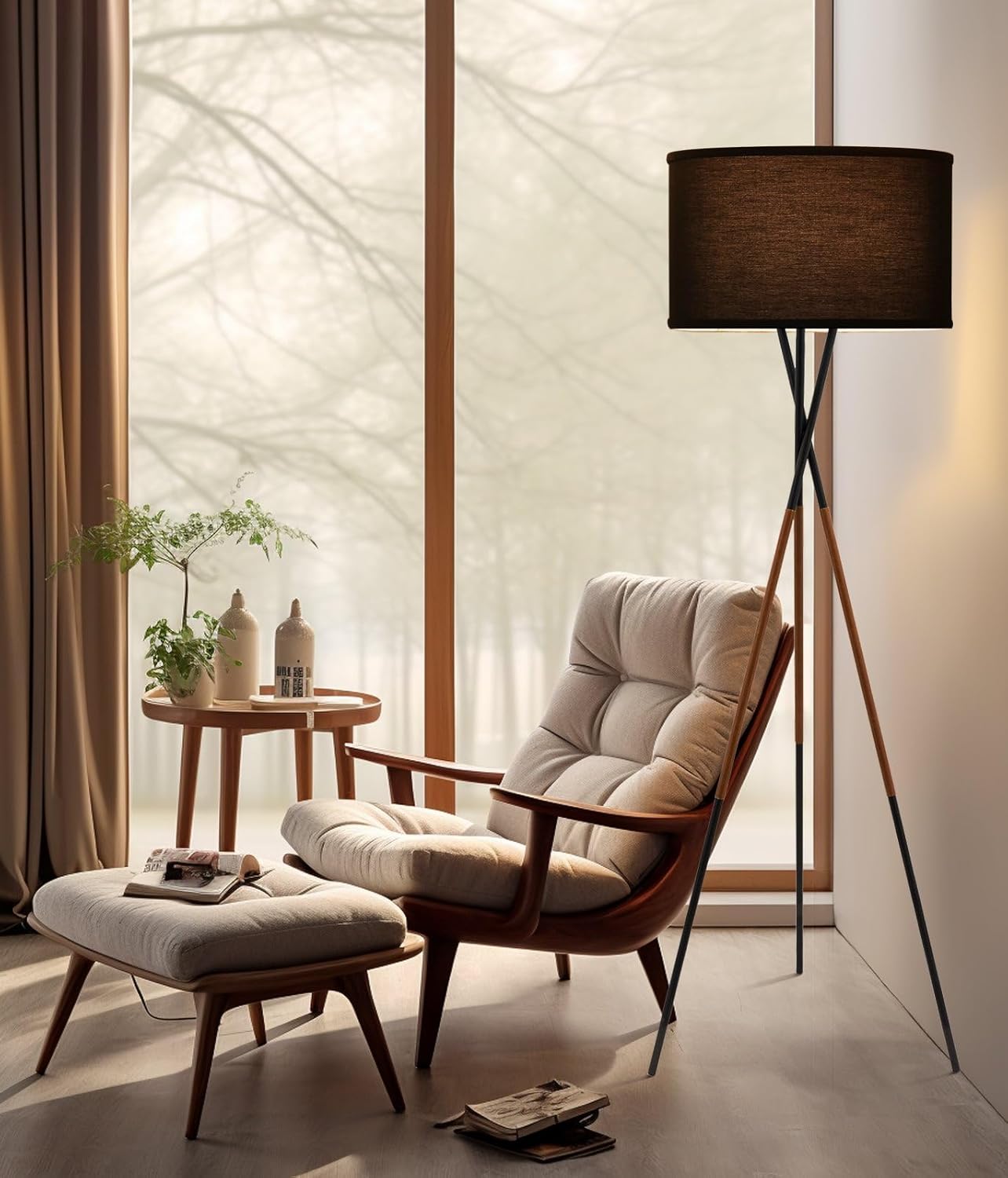 Kira Home Sadie 61' Modern Tripod Floor Lamp with Black Linen Drum Shade, Cross-Leg Standing Light with 9W LED Bulb and Leather Accent, Black Finish