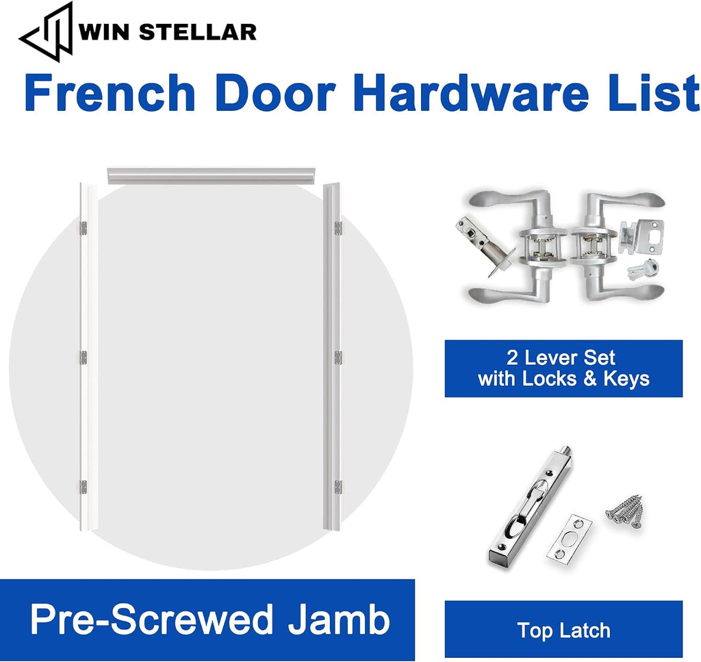 French Door 56' x 80' (Double 28' x 80') 5-Lite Frosted Glass Door Slabs with Pre-hung Jamb, Silver Hinges, Levers and Latch, White Primed, French Interior Doors with frame, Swing Double Bedroom Doors