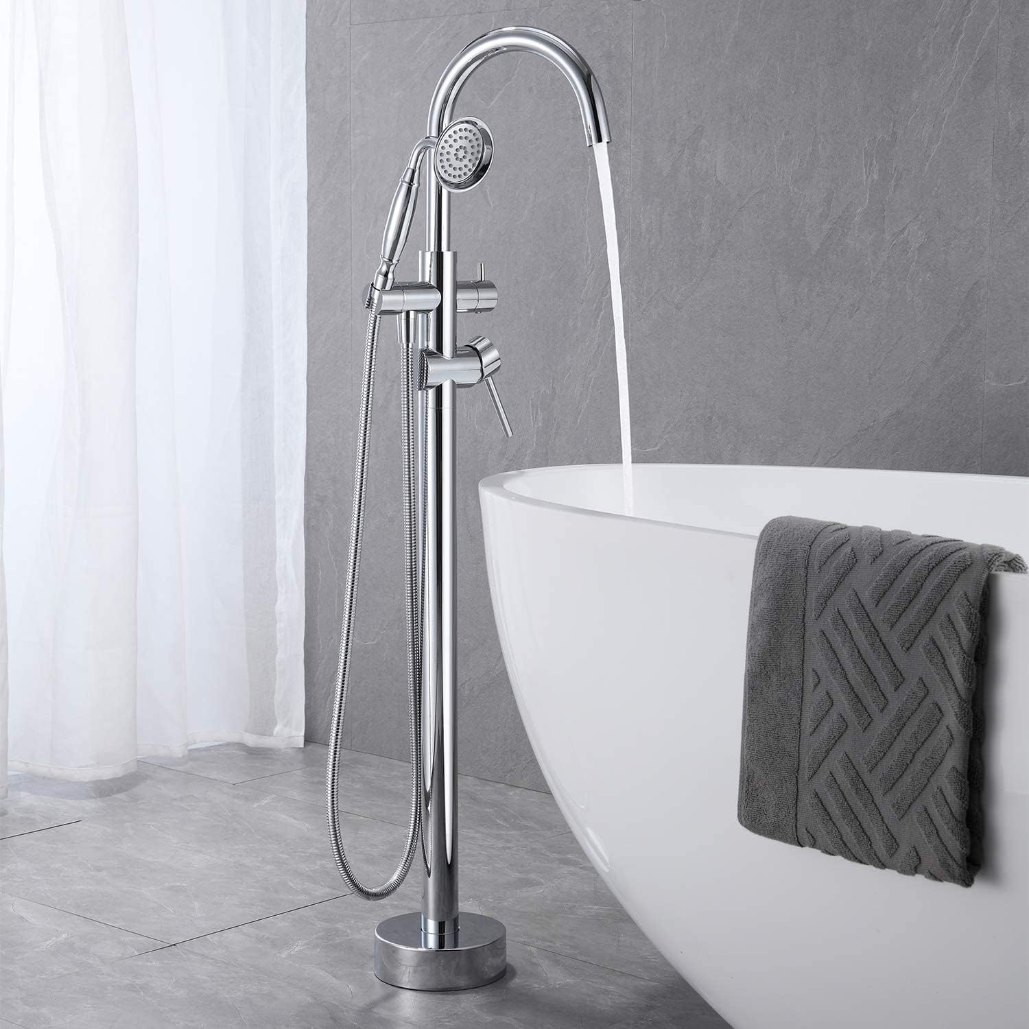 Gecheer Freestanding Tub Filler Faucet with Handheld Shower, Chrome Floor-Mount Bathtub Faucet, 360-Degree Gooseneck Spout, 6 GPM Flow Rate, Includes 59-Inch Stainless Steel Hose
