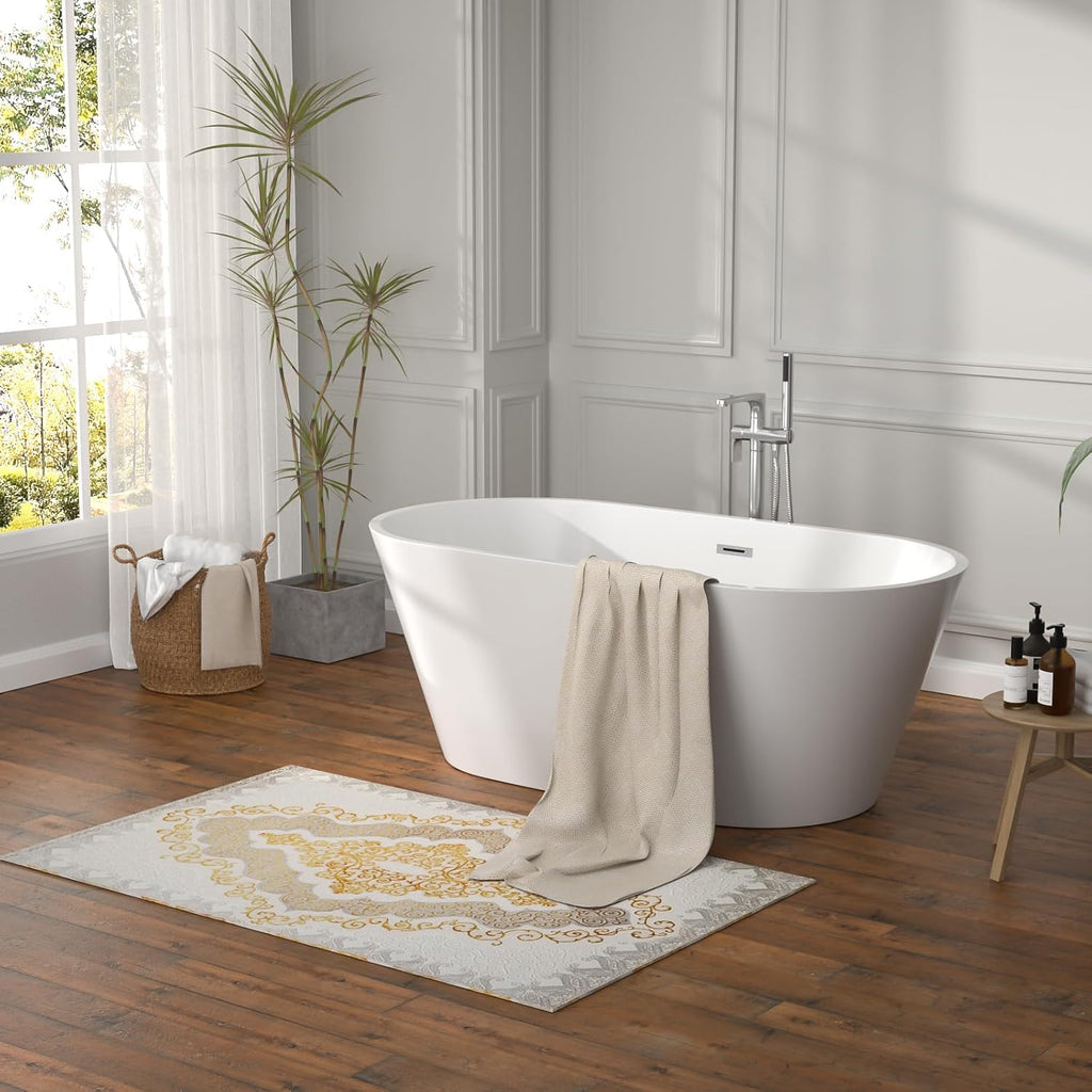 59' Freestanding Acrylic Bathtub White Roll Top Soaking Tub with Black Drain Sleek Finish for Contemporary Bathrooms, YSB9219