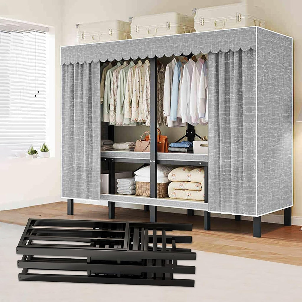 Heavy Duty Portable Wardrobe Closet Rack - Foldable Metal Clothe Rack With Cover, 2000lbs Large Capacity Fabric Wardrobe, Space-saving Wardrobe Clothing Organizer, For Hanging Clothes(125*52*172cm)