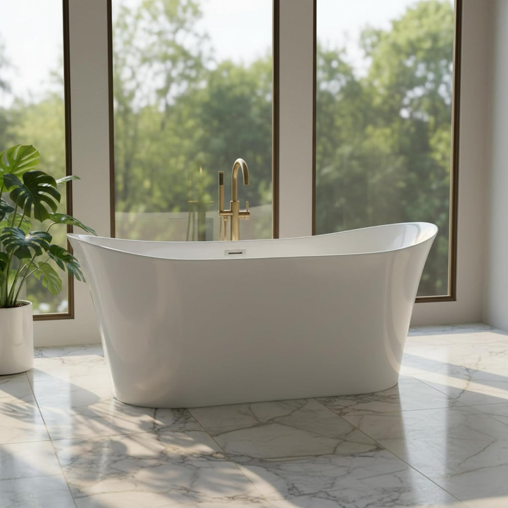 Bergamo 67' Freestanding Acrylic Bathtub with Chrome Drain, Glossy White Seamless Soaking Tub, Fiberglass Reinforced with Leveling Legs, 46 Gal Capacity