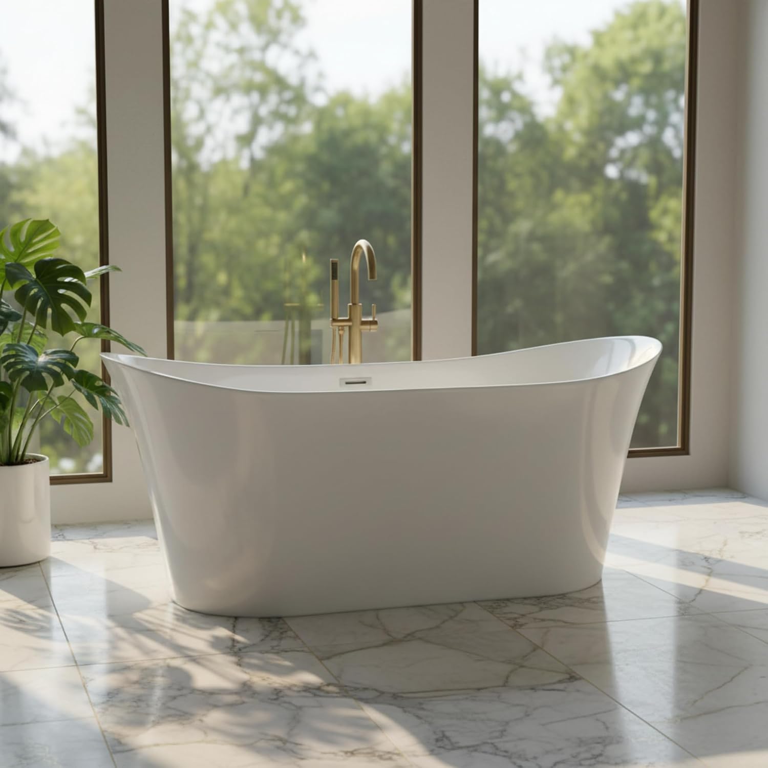 Bergamo 67' Freestanding Acrylic Bathtub with Chrome Drain, Glossy White Seamless Soaking Tub, Fiberglass Reinforced with Leveling Legs, 46 Gal Capacity