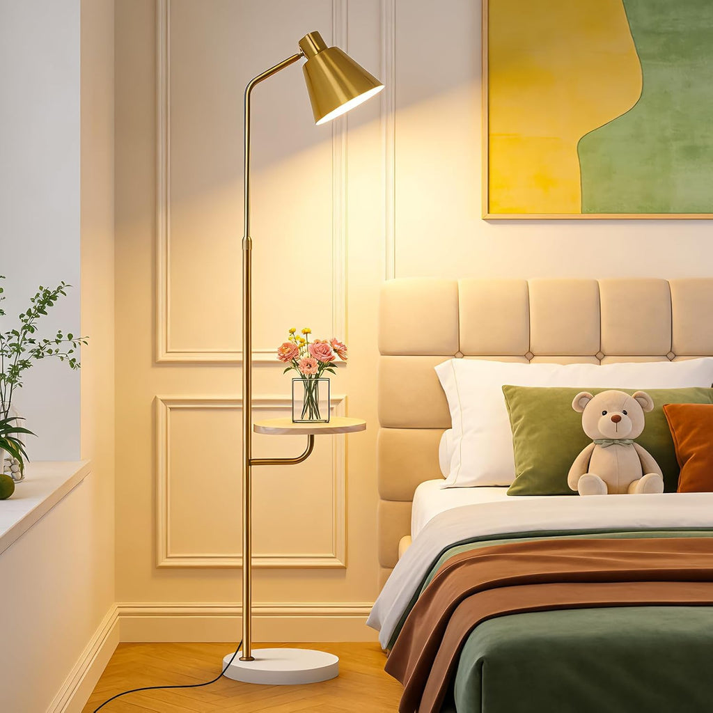 Gold Brushed Floor Lamp with Side Table for Living Room Bedroom, Modern Standing Lamp 12W LED 3-Color Dimmable 3000K/4500K/6500K, Adjustable Gooseneck Reading Light with Wood Shelf for Office Corner