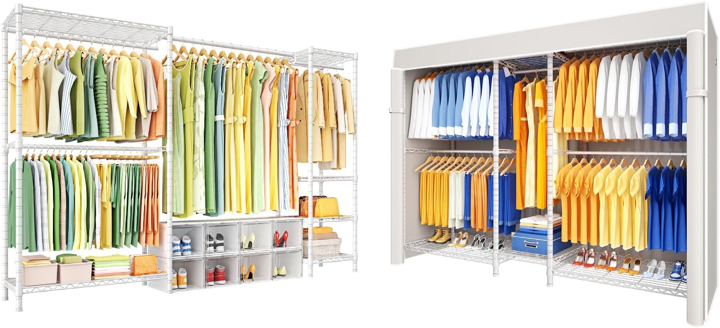 Ulif E10 (With Stretchable Hanger Rod) and E12C (With Black Dustproof Cover) Heavy Duty Closet Organizer System, Freestanding Clothing Rack for Hanging Clothes, Adjustable Garment Rack