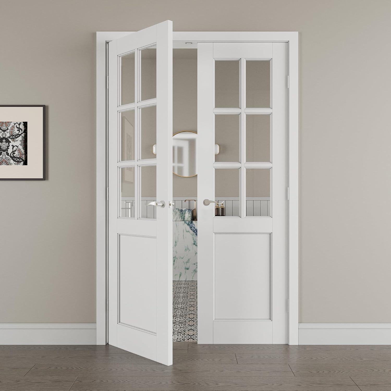 48' x 80' French Doors Interior (Double 24' x 80' 6-Lite Clear Glass Door with Silver Hinge Prehung Jamb Kit), Pre-Finished & Paintable, Prebuilt Home Door Panels & Assembly Required Jamb