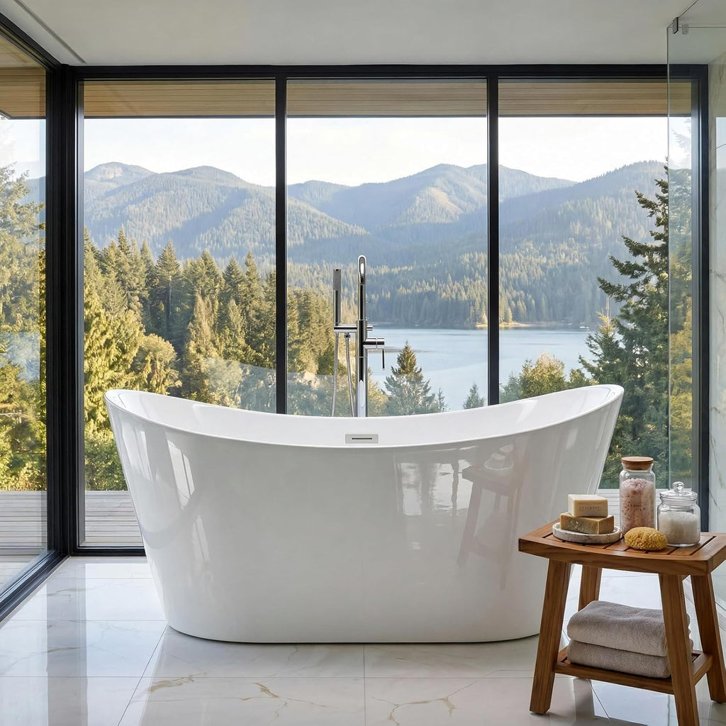 59' Acrylic Freestanding Bathtub,14' Deep Soaking Tub with Integrated Overflow & Drain,2 Person Soaking Tub,CUPC Certified, Chrome Drain Bath Tub,Modern Tub for Bathrooms,Double Backrest White