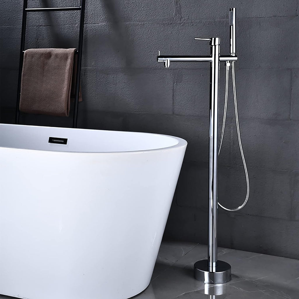Freestanding Bathtub Faucet with Handheld Shower - Floor Mounted Tub Tap, 59-Inch Shower Hose, Stylish White Gold Finish
