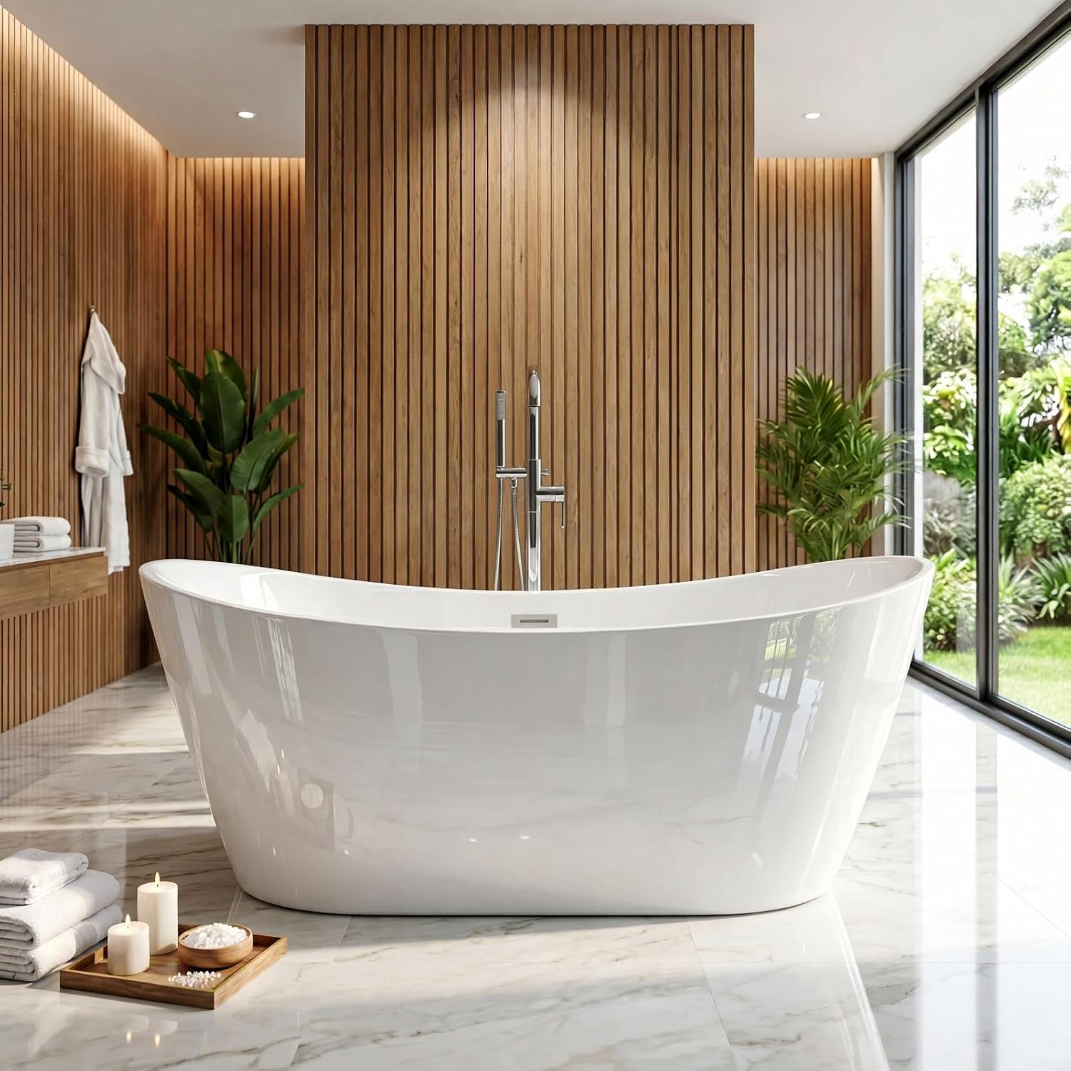 59' Acrylic Freestanding Bathtub,14' Deep Soaking Tub with Integrated Overflow & Drain,2 Person Soaking Tub,CUPC Certified, Chrome Drain Bath Tub,Modern Tub for Bathrooms,Double Backrest White