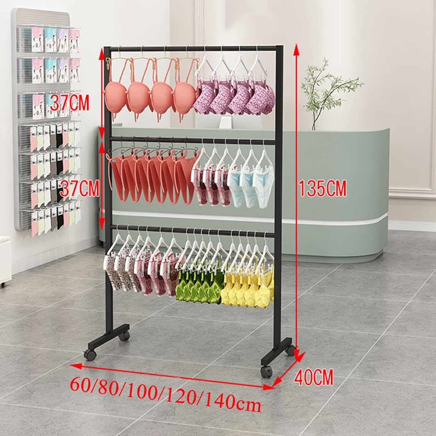 Clothing Rack,Gold Underwear Display Rack with Wheels - Bra Lingerie Hanger, Commercial Clothing Store Garment Rack for Swimwear Bikini - Standing Retail Shelving,Black L60Xh135Cm/23.6X53In