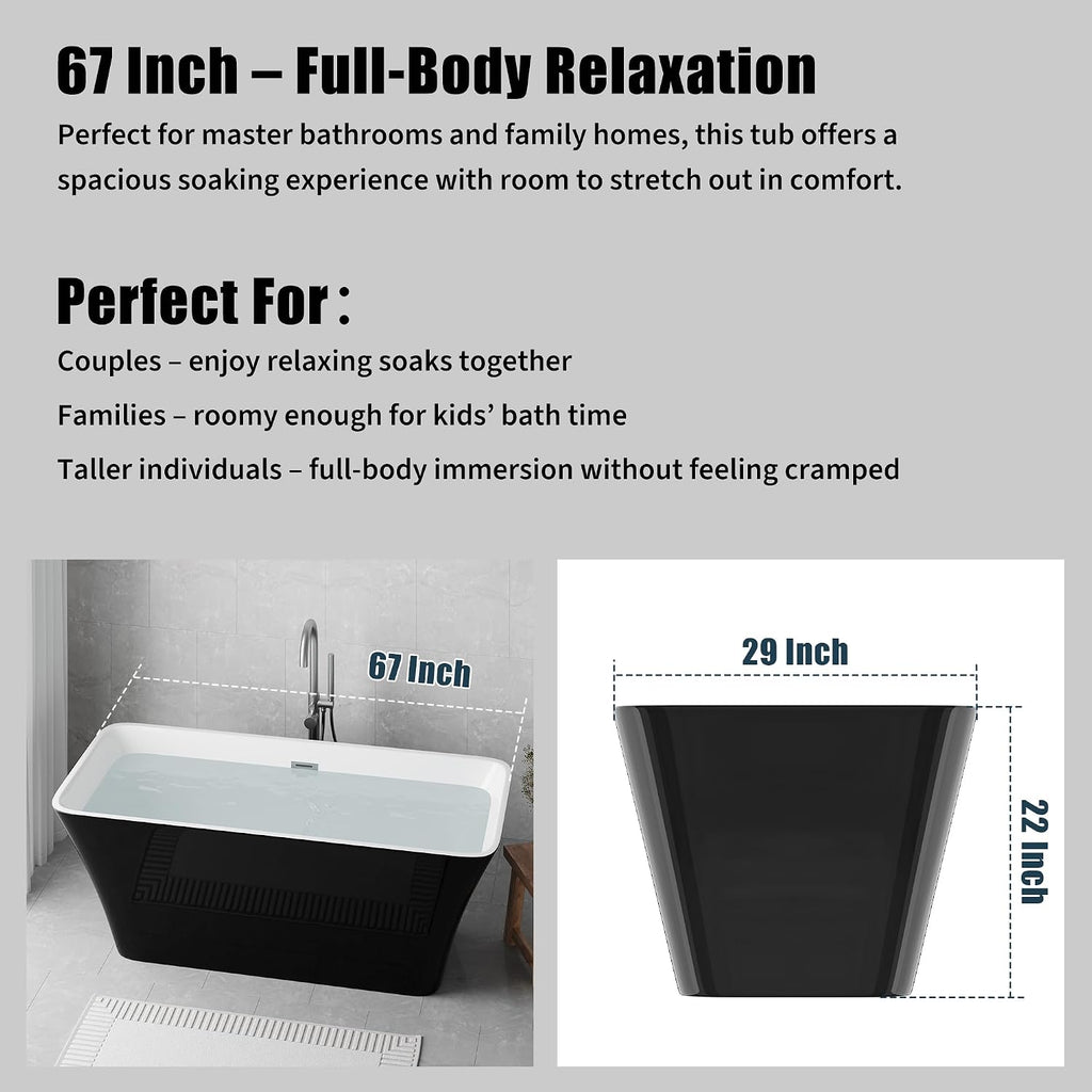 GarveeLife 67 Inch Freestanding Bathtubs Black Acrylic Soaking Tub, Modern Free Standing Tub with Integrated Overflow, Ergonomic Deep Soak Freestanding Tub for Luxury Bathroom or Home Spa