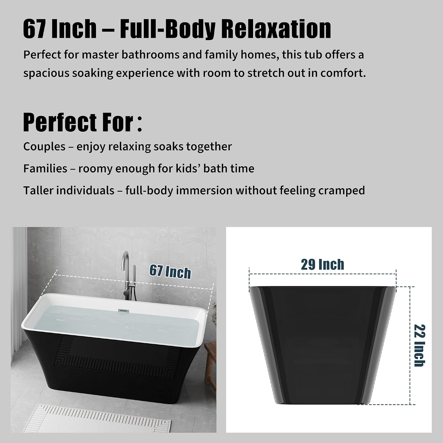 GarveeLife 67 Inch Freestanding Bathtubs Black Acrylic Soaking Tub, Modern Free Standing Tub with Integrated Overflow, Ergonomic Deep Soak Freestanding Tub for Luxury Bathroom or Home Spa