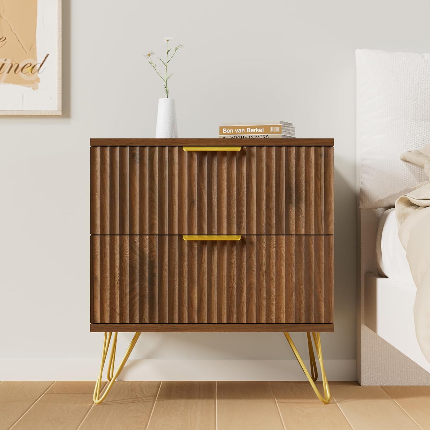 Set of 2 Nightstand, Mid Century Modern Night Stand Bedside Table with 2 Storage Drawer, Bed Side End Table with Golden Handles and Legs for Bedroom, Walnut