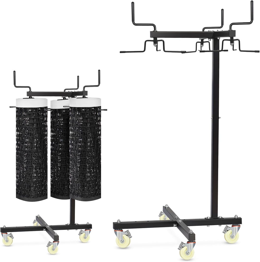Movable Sports Net Storage Rack with Lockable Wheels, Heavy-Duty Holder for Volleyball, Tennis, Pickleball, Badminton Nets, Space-Saving Support Rack with Swivel Handle & Dust Covers
