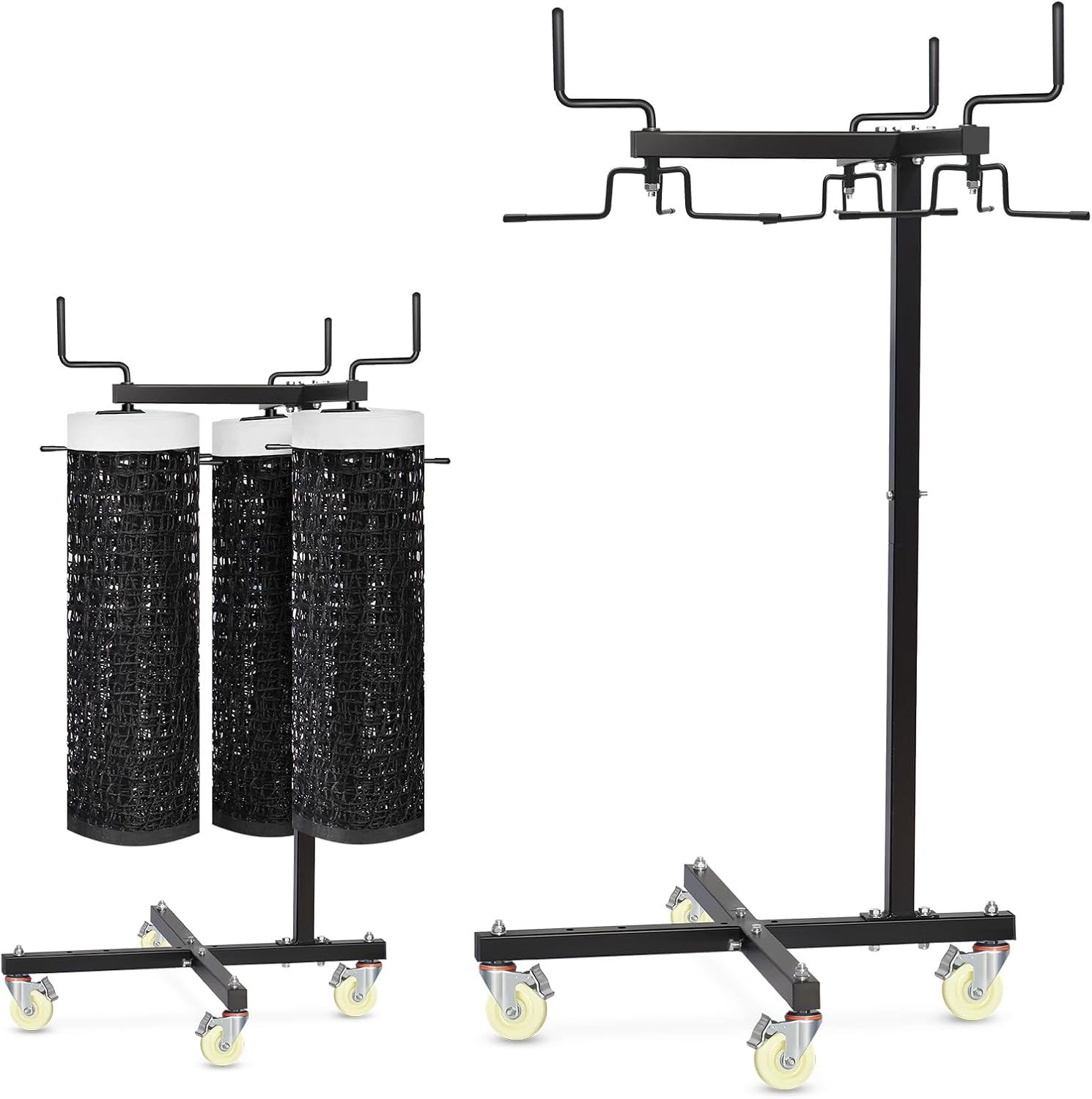 Movable Sports Net Storage Rack with Lockable Wheels, Heavy-Duty Holder for Volleyball, Tennis, Pickleball, Badminton Nets, Space-Saving Support Rack with Swivel Handle & Dust Covers
