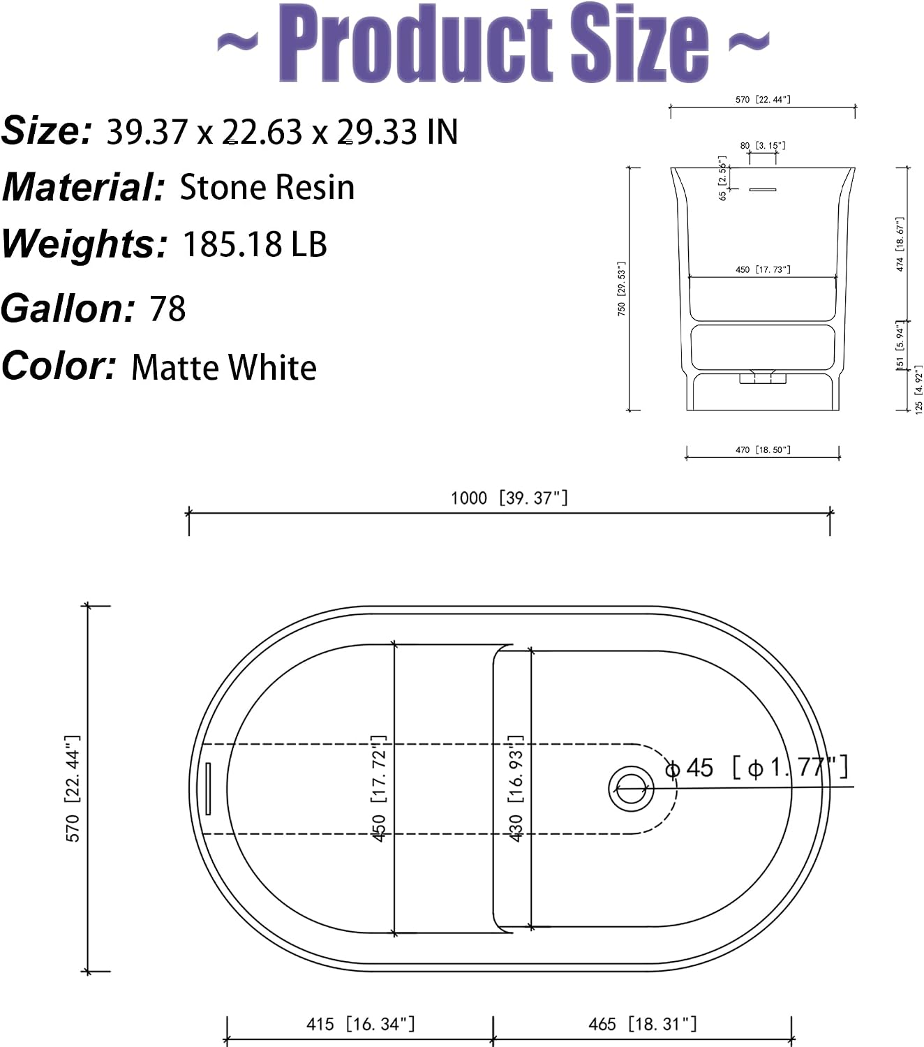 39' Japanese Soaking Bathtub, Freestanding Solid Surface Resin Stone Bathtub Modern Stand Alone Tub with Pop-up Drain and Overflow, cUPC Certified, Matte White 328MW1000