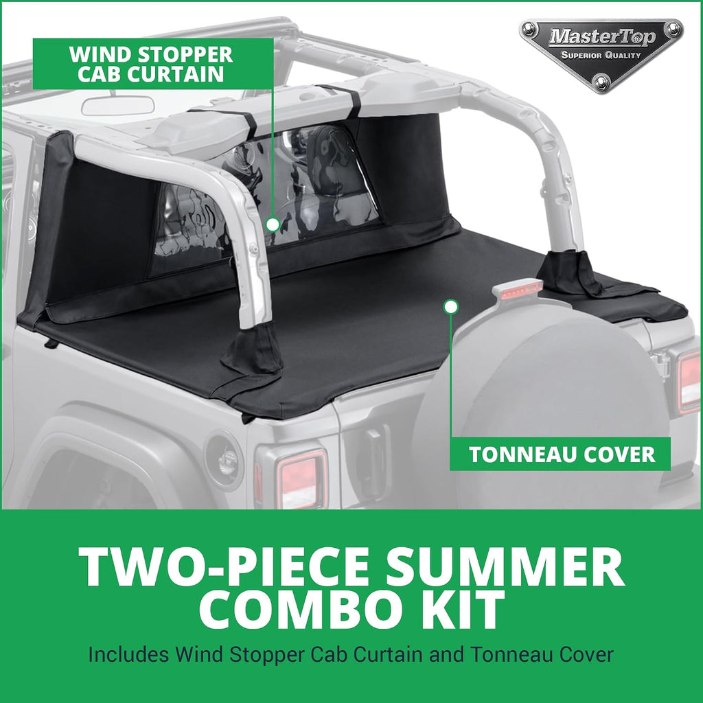 MasterTop Tonneau Cover & Wind Stopper Combo, Black MasterTwill - Fits Jeep Wrangler JL 2-Door 2018-2024 Hard Top Models - Wind Breaker Blocks Backdrafts - Keeps Cargo Area Clean